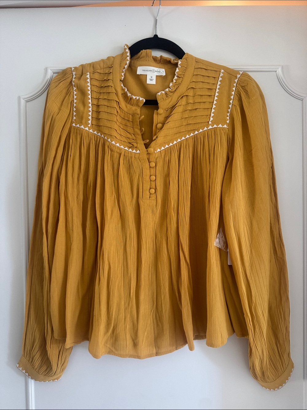 Treasure & Bond Mustard Pleated Yoke Blouse with White Trim